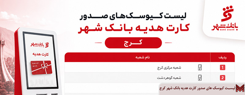لیست کیوسک های صدور کارت هدیه بانک شهر کرج